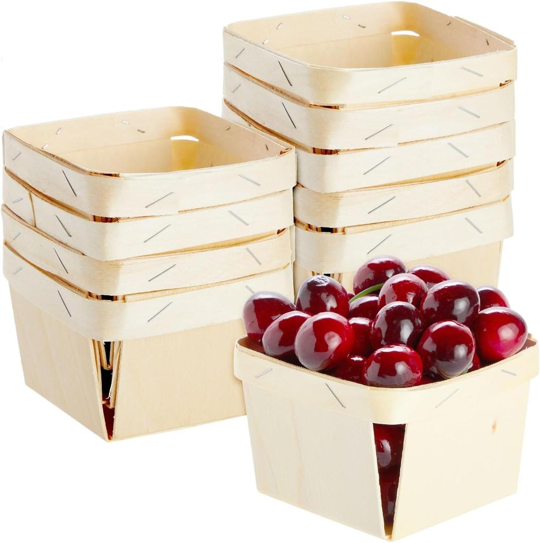 Bright Creations 10 Pack 1-Pint Wooden Berry Baskets for Picking Fruit, Arts and Crafts, Decor, 4 Inch Square Vented Wood Berry Containers - Wooden Basket