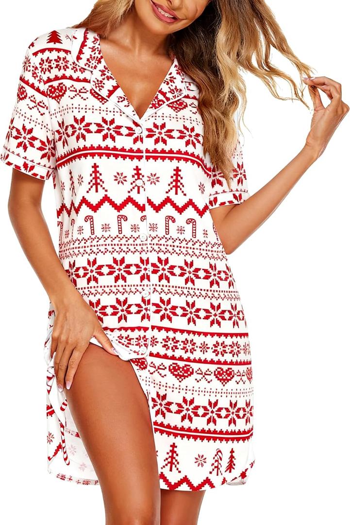 ASTANFY Nightgowns for Women Button Down Sleepshirt Short Sleeve Nightshirt Xmas Pajamas V Neck Nightdress (White, S)