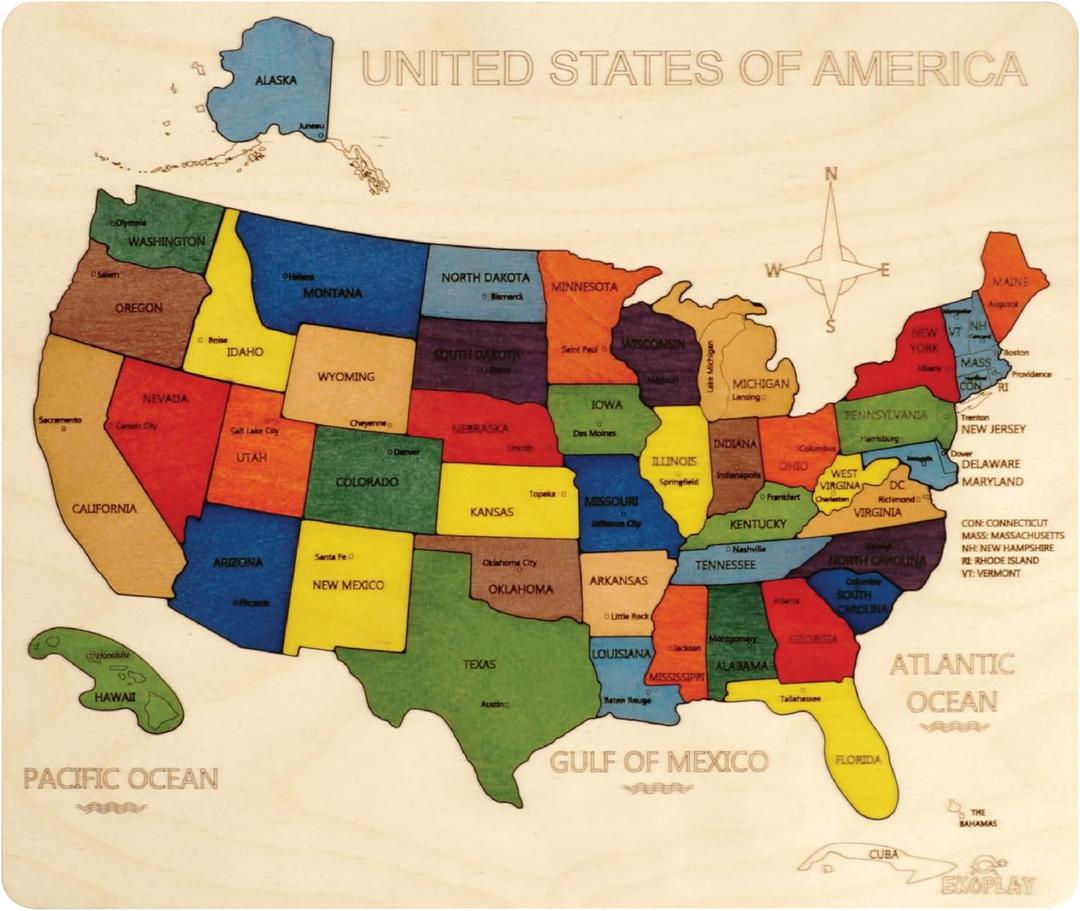 USA Map Wooden Jigsaw Puzzle for Kids | 44 Puzzle Pieces | Learning & Educational Toy Gift for Boys & Girls Ages 3 Years and Above