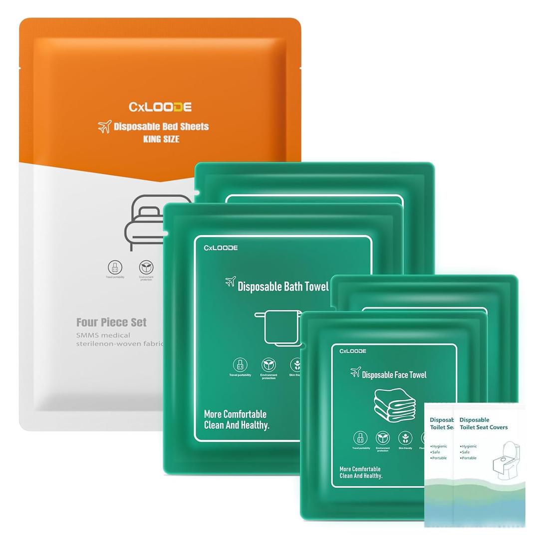 Travel Essentials Disposable Bed Sheet Set, King Size Disposable Sheet with Bath Towel Face Towel Toilet Seat Cover,Disposable Bed Sheet for Hotel Essentials for Cruise Ships,Hotel, Camping,SPA