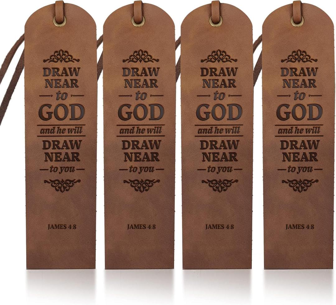 MAYJOYDIY 4pcs Leather Bible Bookmarks 27inch Christian Bookmarks Cowhide Draw Near to God Text Bible Verse Leather Page Markers Gift for Men Women Book Reading Bookworm Book Lovers Readers