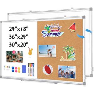 WALGLASS Combination Magnetic Whiteboard & Corkboard, 20"x30" Combo for School, Office & Home, Dry Erase Board with Removable Tray, Pins, Eraser, Markers & Magnets
