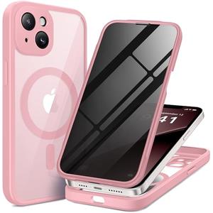 BERFY for iPhone 14 Case, Compatible with MagSafe, Built-in Privacy Screen Protector, Camera Protection, Shockproof Full Body Phone Case 6.1", Clear Pink