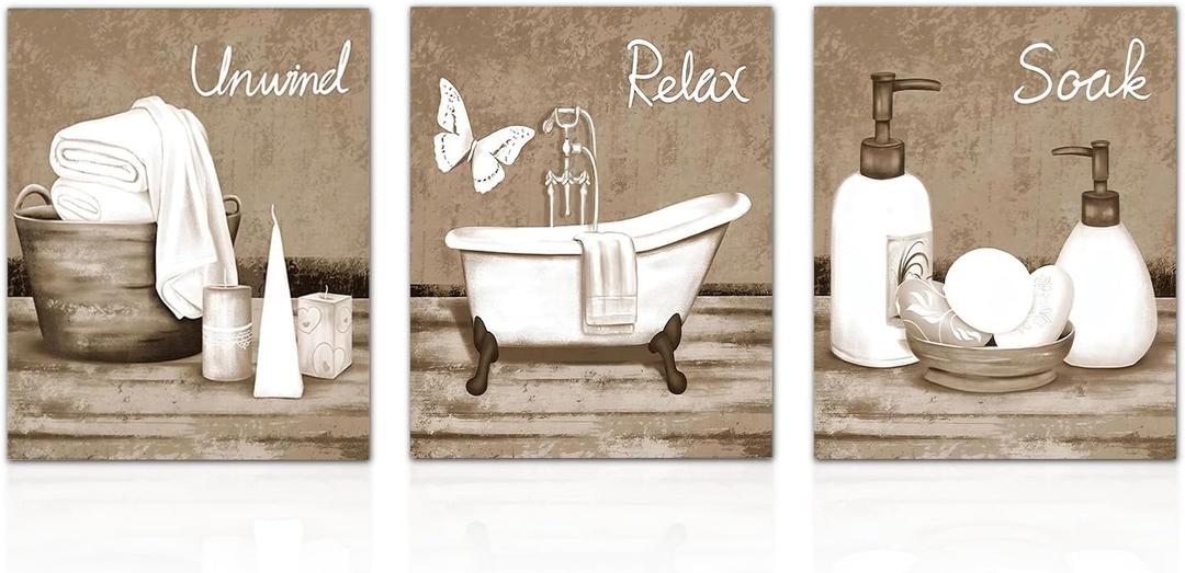 Dazzlewall 3pcs Vintage Bathroom Wall Art Decor, Beige White Bathtub Spa Accessories Canvas Picture Prints Bathroom Toilet Decor, 8x10 in Unframed
