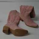 wetkiss Cowboy Boots for Women Knee High Cowgirl Boots Retro Embroidered Chunky Heels Pointed Toe Western Long Tall Boot Pull On (7, Pink)