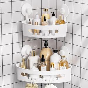 Budget & Good Corner Shower Caddy, 2 Pack Suction Cup Adhesive Shelves, NO-drilling Heavy Duty Storage Racks, Max Hold 44lbs, Waterproof for Bathroom & Kitchen