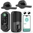 Smart Front Lock Set Fingerprint: Hornbill WiFi Deadbolt with Code App Keypad Keyless Entry Door Lock with Handle Lever Combo - Touchscreen Electronic Digital Remote Control for Front Door, Matt Black