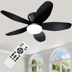 Small Ceiling Fan with Light - 35 Inch Flush Mount Ceiling Fan with Lights and Remote, Low Profile Ceiling Fans with 5 Reversible Blades, 6 Wind Speeds, Black Ceiling Fans for Bedroom