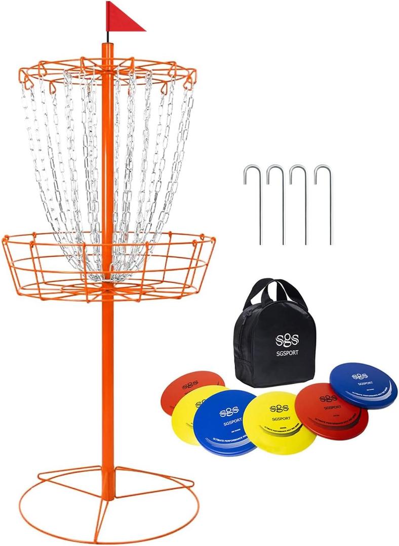 Disc Golf Basket - Portable Disc Golf Target with Heavy Duty 24-Chains Come with 6pcs Disc Golf Discs and Carry Bag, Ground Stake -Suitable for Players of All Levels - Multi Color 