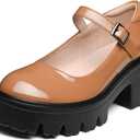 Women's Mary Jane Shoes - Platform Mary Janes for Women, Black Leather Round Toe Chunky Dress Shoes with Adjustable Ankle Strap (7, Brown)
