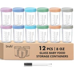 DRKIO 12 Pack Glass Baby Food Storage Containers - 8 Oz Baby Food Jars with Lids Baby Food Maker Microwave Dishwasher Freezer Safe 100% Leak Proof BPA Free Reusable