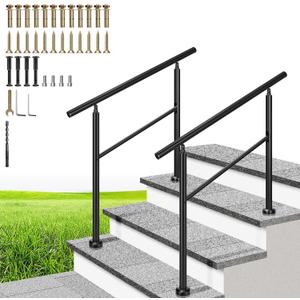 VIVOHOME 2-Pack 3 Step Hand Rails for Outdoor Steps, Galvanized Steel Railing, Black Round Exterior Handrails for Porch, Deck, or Indoor Stairs, Complete Installation Kit
