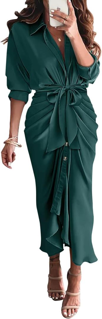 BTFBM Summer Dresses for Women 2026 Long Sleeve Lapel V Neck Button Down Elegant Belted Ruched Satin Shirt Spring Dress (Small, Dark Green)