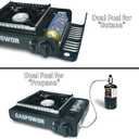 Propane or Butane Stove with Windblocker, Dual Fuel 10,000 BTU Portable Gas stove for Camping, Automatic Ignition Gas Stove with Adapter Hose Carrying Case & Griddle for Hiking (Fuel Not Included)