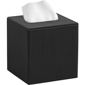 Mkono Tissue Box Cover PU Leather Square Tissue Box Holder with Bottom, Decorative Facial Cube Organizer for Bedroom Bathroom Dresser Vanity Countertop Night Stands Home Office Desk (Black)