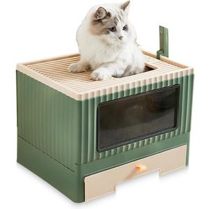 Large Cat Litter Box with Lid, Foldable Covered Kitty Litter Box, Top Entry, Anti-Splashing, Easy Clean (Beige and Green)