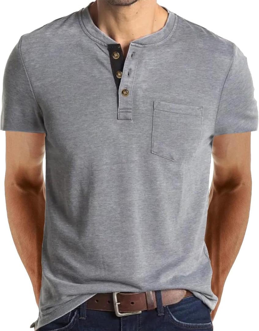 Mens Henley T Shirts 3 Button Cotton Short Sleeve Casual Summer Classic Lightweight Stylish Tee Tops, Small, Khaki (Gray)