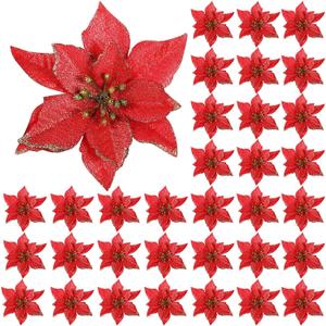 WILLBOND 45 Pieces Christmas Poinsettia Decorations Glitter Poinsettia Flowers Tree Flowers for Xmas Tree Ornaments, 5 Inch(Red)