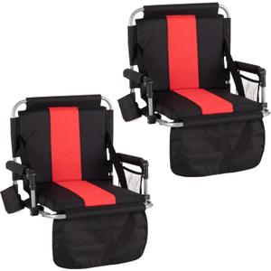 Foldable Stadium Seat Portable Folding Stadium Chairs Padded Bleacher Seat Cushion Bleacher Chair with Armrest and Cup Holder (Black-red2)