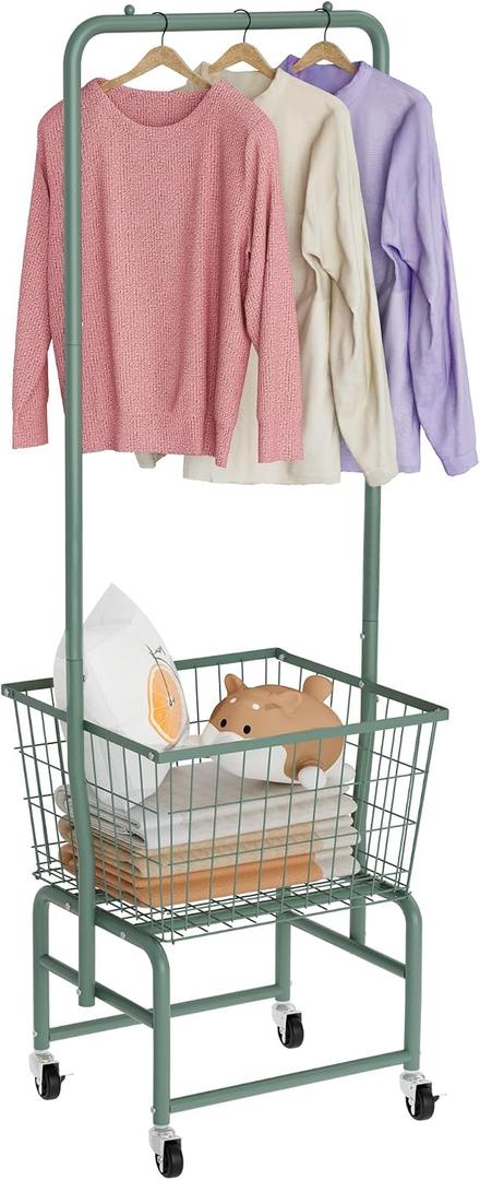 Rolling Laundry Cart with Wheels, Laundry Hamper Basket Organizer with Clothes Hanging Rack, Wire Storage Cloth Shelf Butler, Green, 23 x 19 x 2.73 inches