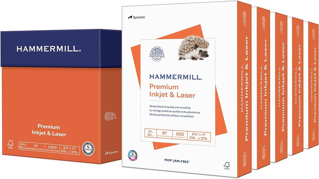 Hammermill Printer Paper, Premium Inkjet & Laser Paper 24 Lb, 8.5 x 11 - 5 Ream (2,500 Sheets) - 97 Bright, Made in the USA, 166140C
