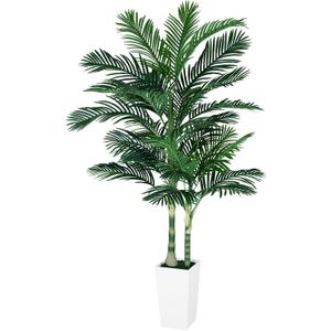 Golden Cane Palm Trees Artificial Indoor, 7FT Tall Faux Palm Tree with White Tall Planter, Artificial Plants with Natural Wood Trunk and Lifelike Leaves for Home Office Decor (9in)