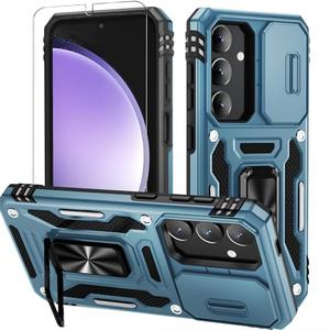 Pack of 3, WRJ for Samsung Galaxy S25/Galaxy S24 Case with Slide Camera Cover and Screen Protector, Military Grade Protection [Rotated Ring Kickstand] Heavy Duty Shockproof Protective Cover-Sky Blue