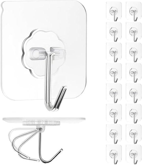 Adhesive Wall Hook, Set Heavy-Duty Thickened self-Adhesive Hook16Pcs33lb max LoadingTransparent, Waterproof, Bathroom, Outdoor, Kitchen, Doors, Practical Tools.