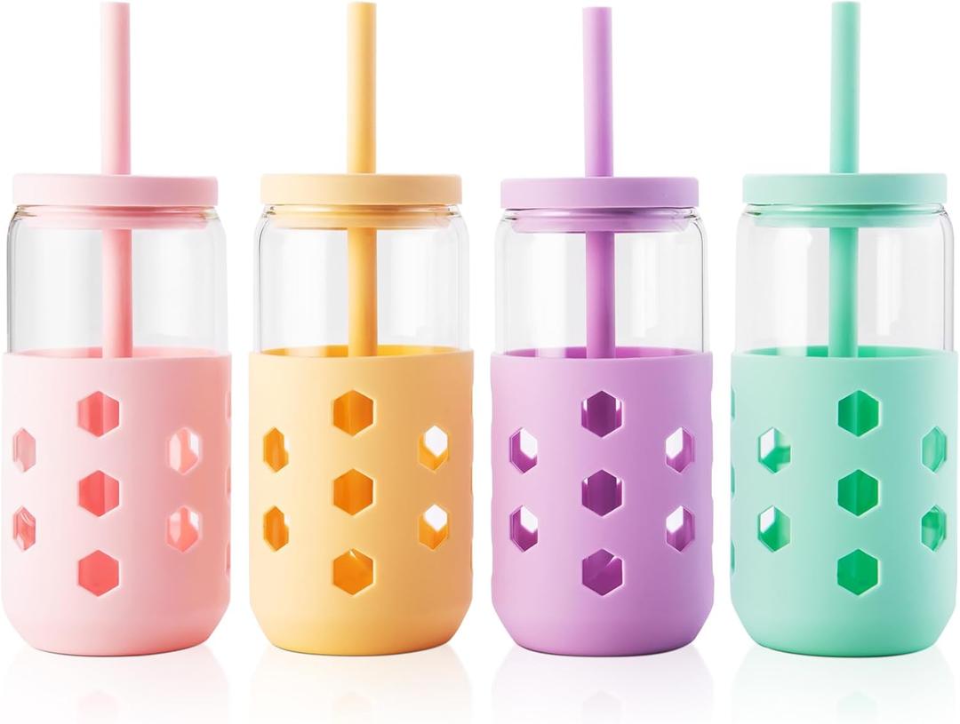 Glass Cups with Lids and Straws (4 Pcs), 16oz Drinking Glasses Set with Silicone Sleeves for Coffee Bar Accessories Iced Coffee Cups with Lids, Glass Tumbler Reusable for Gifts (Mint)