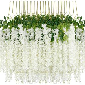 48Pcs Artificial Wisteria Flowers 3.6 Feet/Piece White Dense Artificial Fake Wisteria Vine Ratta Hanging Garland Silk Flowers String Home Party Wedding Decor(White-Dense)