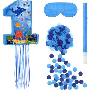 JolliLudo Ocean Themed 16 Inch Number 1 Piñata Set with Bat Blindfold Confetti, Blue Under The Sea Number 1 Piñata Birthday Party Decorations Hawaii Beach 1st Anniversary Celebration Supplies