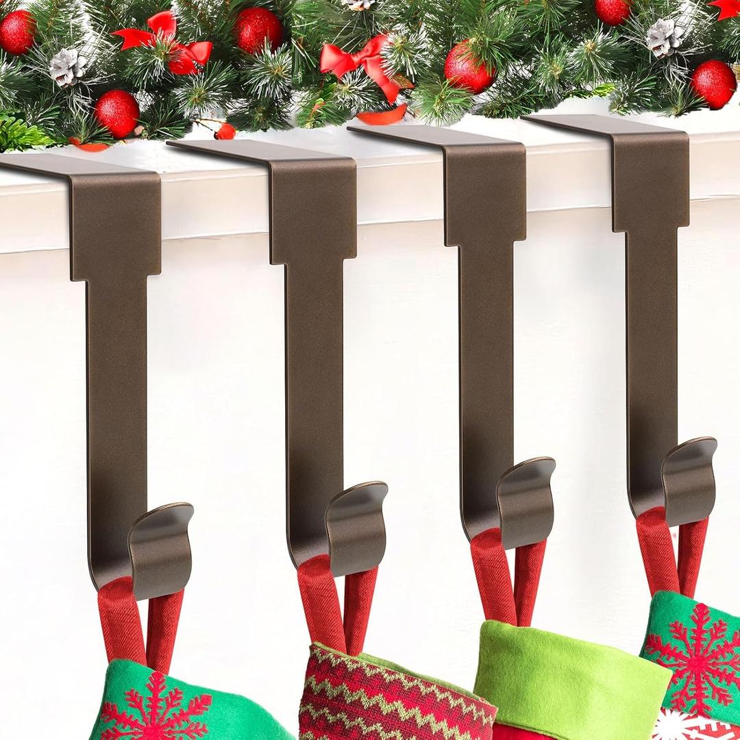 Christmas Stocking Holders Set of 4, Stocking Holders for Mantle, Xmas Stocking Hangers for Fireplace Shelf Staircases Party Decoration Christmas Mantel Decor Hooks (Bronze)