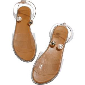 OYOANGLE Women's Pearl Decor Clear Straps Open Toe Flat Sandals Leather Outdoor Beach Sandals (6, Apricot)