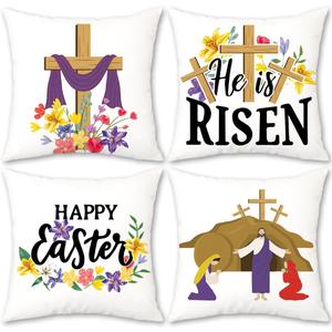 JOJOGOGO He is Risen Easter Decor Throw Pillow Covers 18x18 Set of 4, Religious Easter Decorations Pillow Covers 18 x 18, Christian Home Decor Gifts Purple Throw Pillows for Couch and Bed