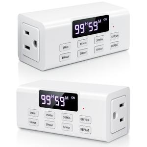 Countdown Timer Outlet, Up to 99 Hours, Large Screen and Repeat Function, Inodoor Auto Shut Off Timers for Charger Light Vacation Security,Digital Timers for Electrical Outlets 2 Pack