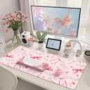HAOCOO Pink Coquette Desk Mat, Cute Large Mouse Pad for Keyboard, Non-Slip Waterproof Desk Pad, Office Desktop Mat with Stitched Edges, Desk Decor for Women Office Aesthetics