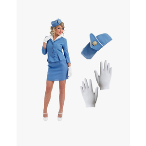 fun shack Flight Attendant Costume Women Blue, Retro Airline Stewardess Outfit with Hat & Gloves S