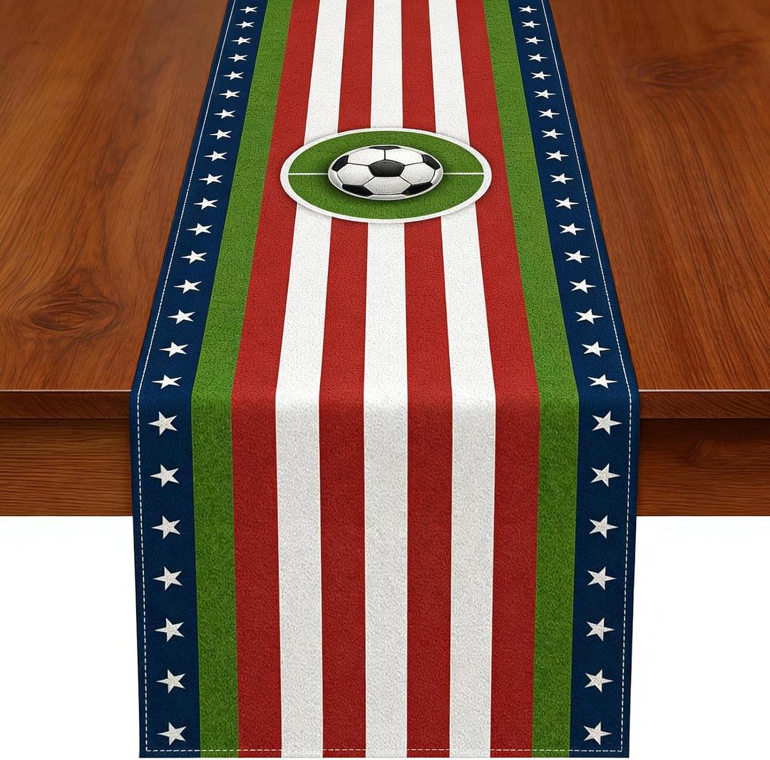 Soccer Table Runner, World Cup Soccer Party Decorations, Table Runner for Dining & Kitchen Tables, Home Decor with Soccer Stripe Star Pattern (70.87"11.81")