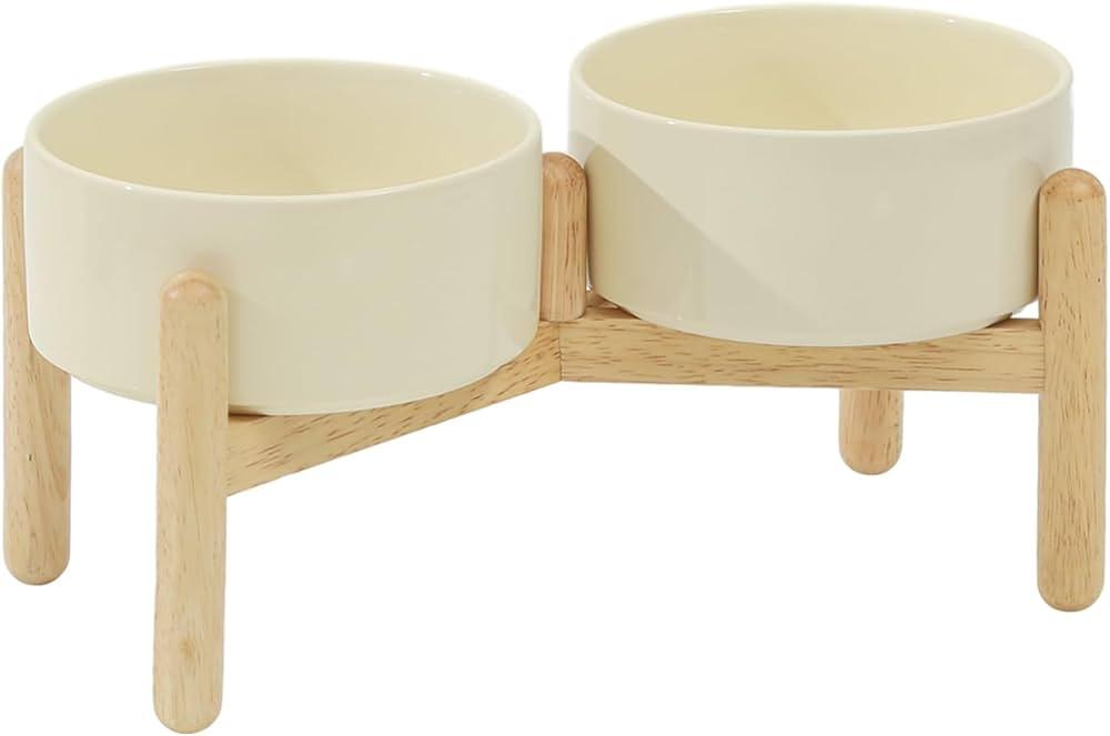 Havniva Ceramic 6.1inch Raised Dog Bowl with Stand for Small and Medium Breed Dog Dish Pet Food and Water Bowl (Double Bowl with Stand  Light Yellow, 28oz)