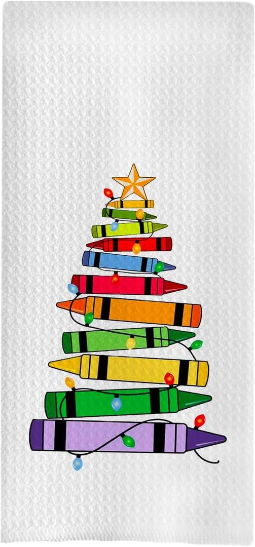 GCFET Crayon Christmas Tree Towels - Christmas Tree Decorative Waffle Dish Towels for Kitchen, Teacher Gifts Hand Towel, Art Teacher Gifts Tea Towel, 16x24 Inches