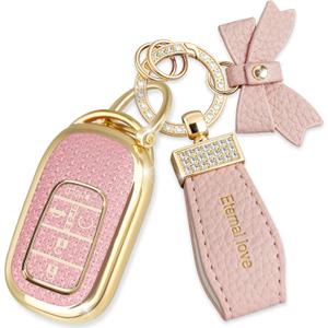 Key Fob Cover with Diamond Keychain, Car Key Shell for Women, Compatible with Honda 2023 2024 Accord Civic HRV CRV Pilot Smart Remote Key Protector (5 Buttons--Pink Bowknot)