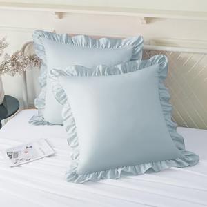 KKJIAF Ruffle Pillow Cases 18x18 Inches, Dusty Blue Square Ruffled Pillow Covers Set of 2, Microfiber Wrinkle Resistant Pillow Shams with Envelope Closure for Sofa Bed Living Room