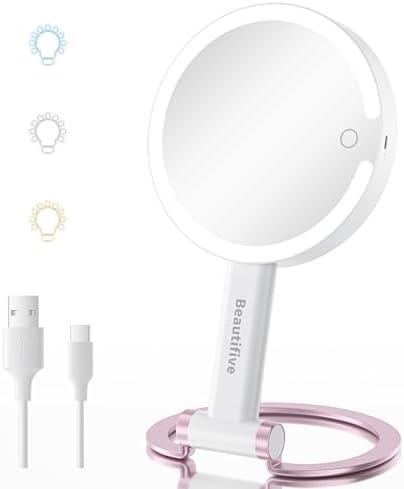 Beautifive 7" Magnifying Mirror with Light, Rechargeable Double-Sided 10X/1X Handheld Mirror with Light, Stepless Dimming Touch 3 in 1 Hand Held Mirrors for Desk Hanging, Pink Detachable Base