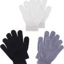 3 Pairs Toddler Gloves Kids Mittens Winter Warm Knitted Gloves Full Finger Mittens for Toddler Boys and Girls (7 - 11 Years Size, Black, White, Grey)