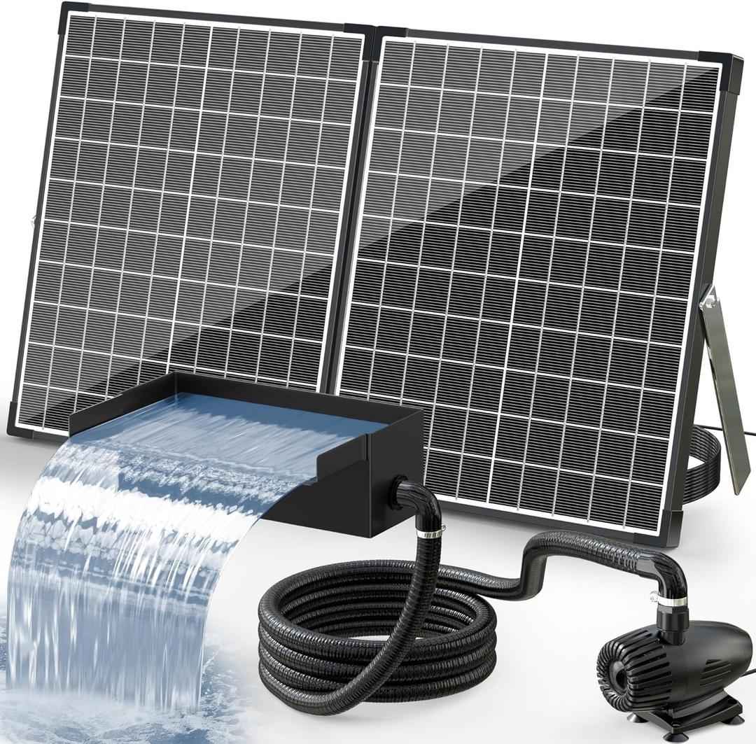 POPOSOAP Solar Pond Waterfall Spillway Kit, 55W Folding Solar Panel & Pond Pump Included, DIY Water Feature for Garden, Balcony, Indoor Aquarium & Small Ponds-P5552