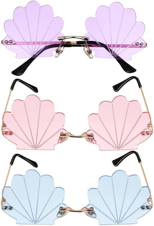 Angoily 3PCS Rimless Seashell Sunglasses, UV Protection Fun Glasses for Themed Events Lightweight Comfortable Eyewear Hawaiian Summer Photo Props Beach Party Eyewear for Women Mermaid Accessories