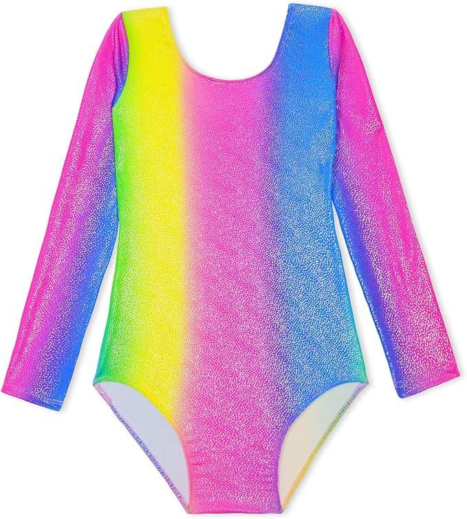 Domusgo Girls Gymnastics Leotards Long Sleeve Bodysuits Shiny Colorful One Piece Tumbling Outfits, 130