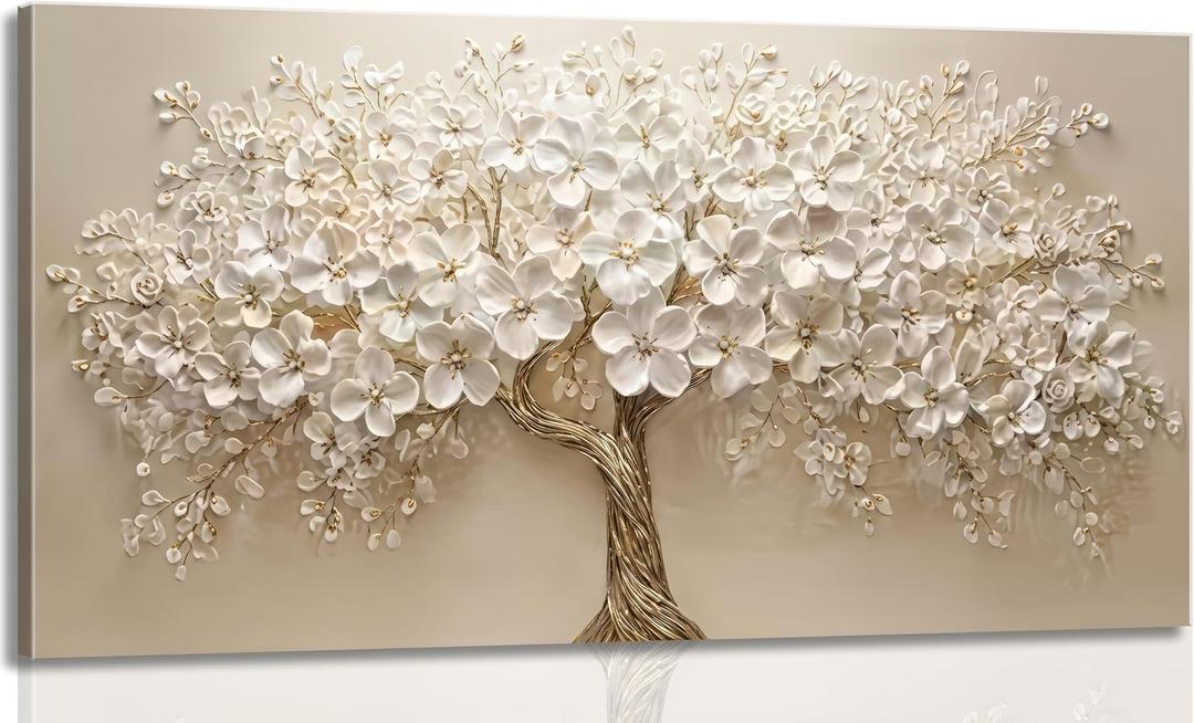 Large Tree of Life Canvas Wall Art Gold and White Big Tree Painting Picture Wall Decor Botanical Floral Poster Print Artwork for Office Living Room Dining Bedroom Home Decoration, 40"L x 20"W