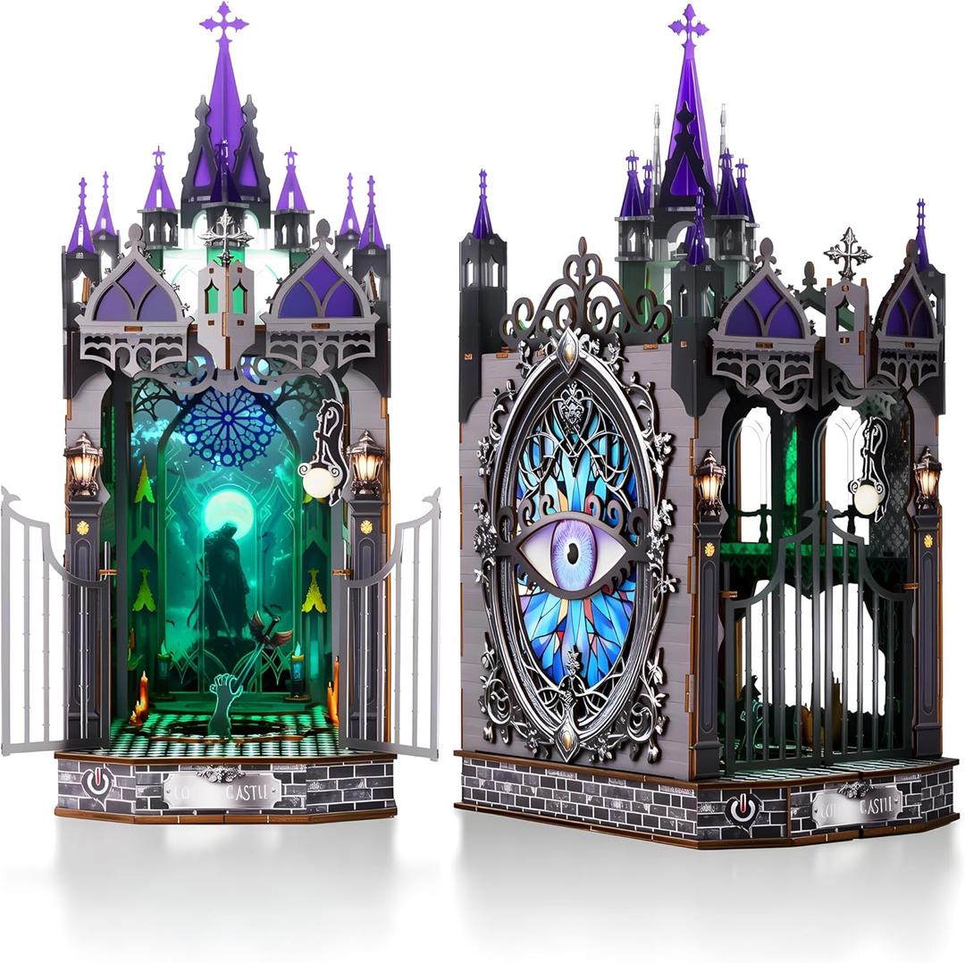 Book Nook Kit for Adults,3D Wooden Puzzle DIY Miniature Booknook Bookend Bookshelf Decor with LED Light,Gothic Castle Bookshelf Insert for Home Decor Gift,3D Wooden Puzzle.