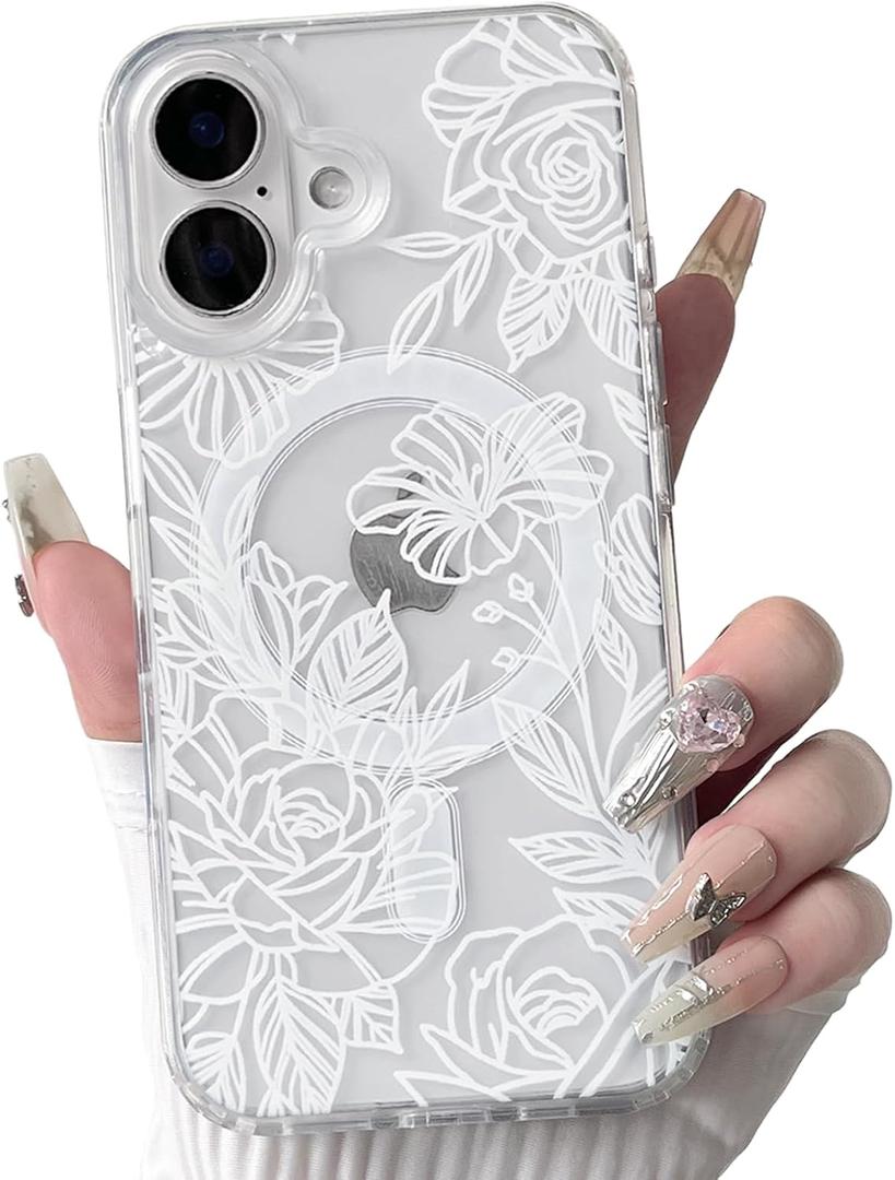 NITITOP Compatible for iPhone 17 Case Clear Magnetic Compatible with MagSafe Cute Line Rose Flowers for Women Girls Floral Hard PC Back Shockproof Protective Phone Cover - White